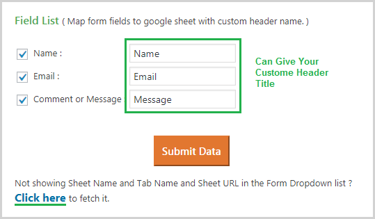 Field list Google Sheet Tab Configuration