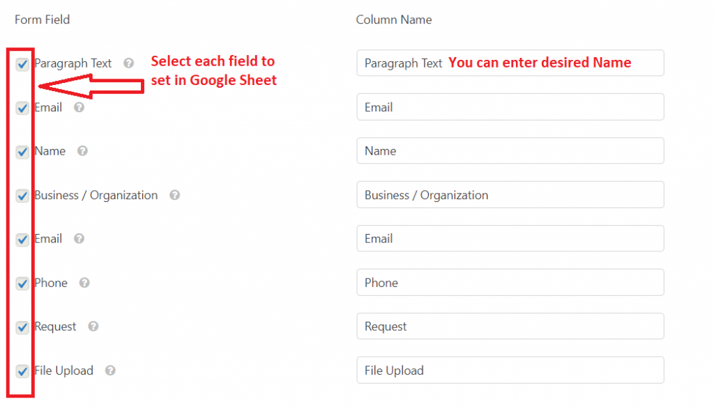 Form Settings Select Field Values Google Sheet Tab Configuration