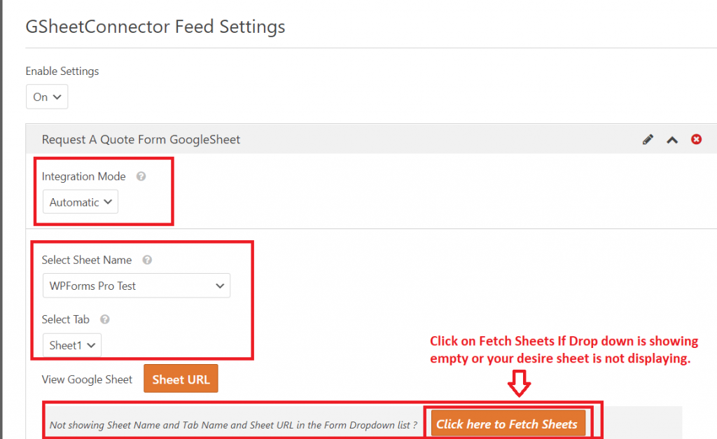 GSheetConnector Feed Settings Google Sheet Tab Configuration