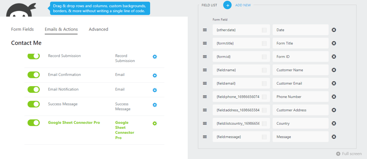 Ninja Forms GSheetConnector PRO - Form Field Complete List