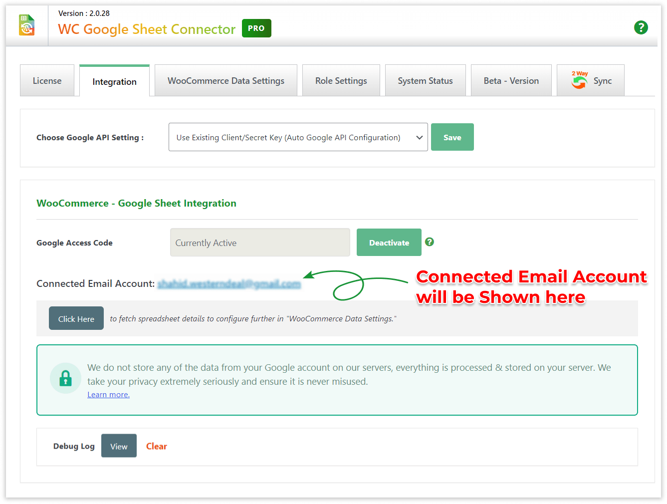 WooCommerce GSheetConnector - Connected Email Account