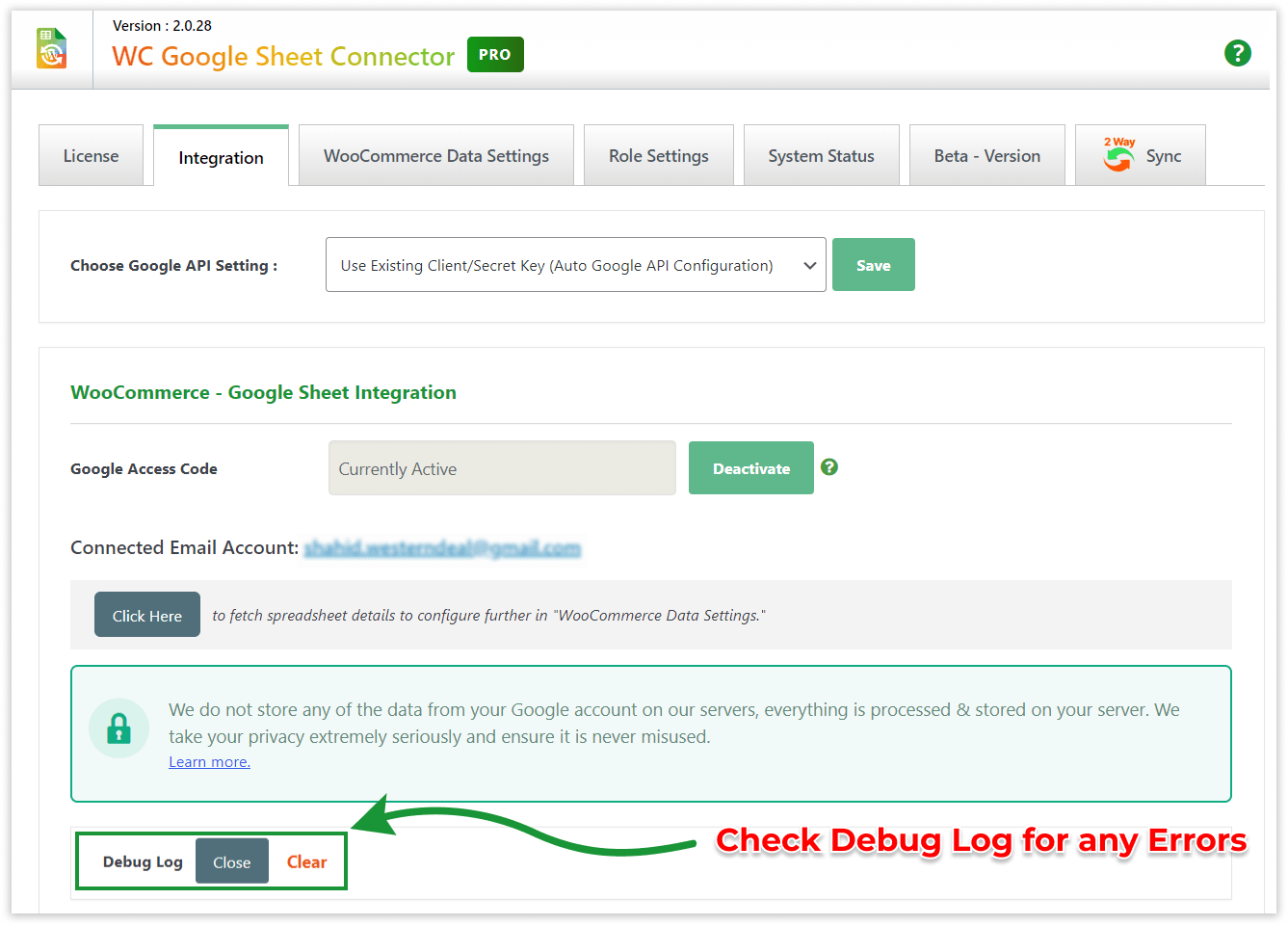 WooCommerce GSheetConnector - Debug Log