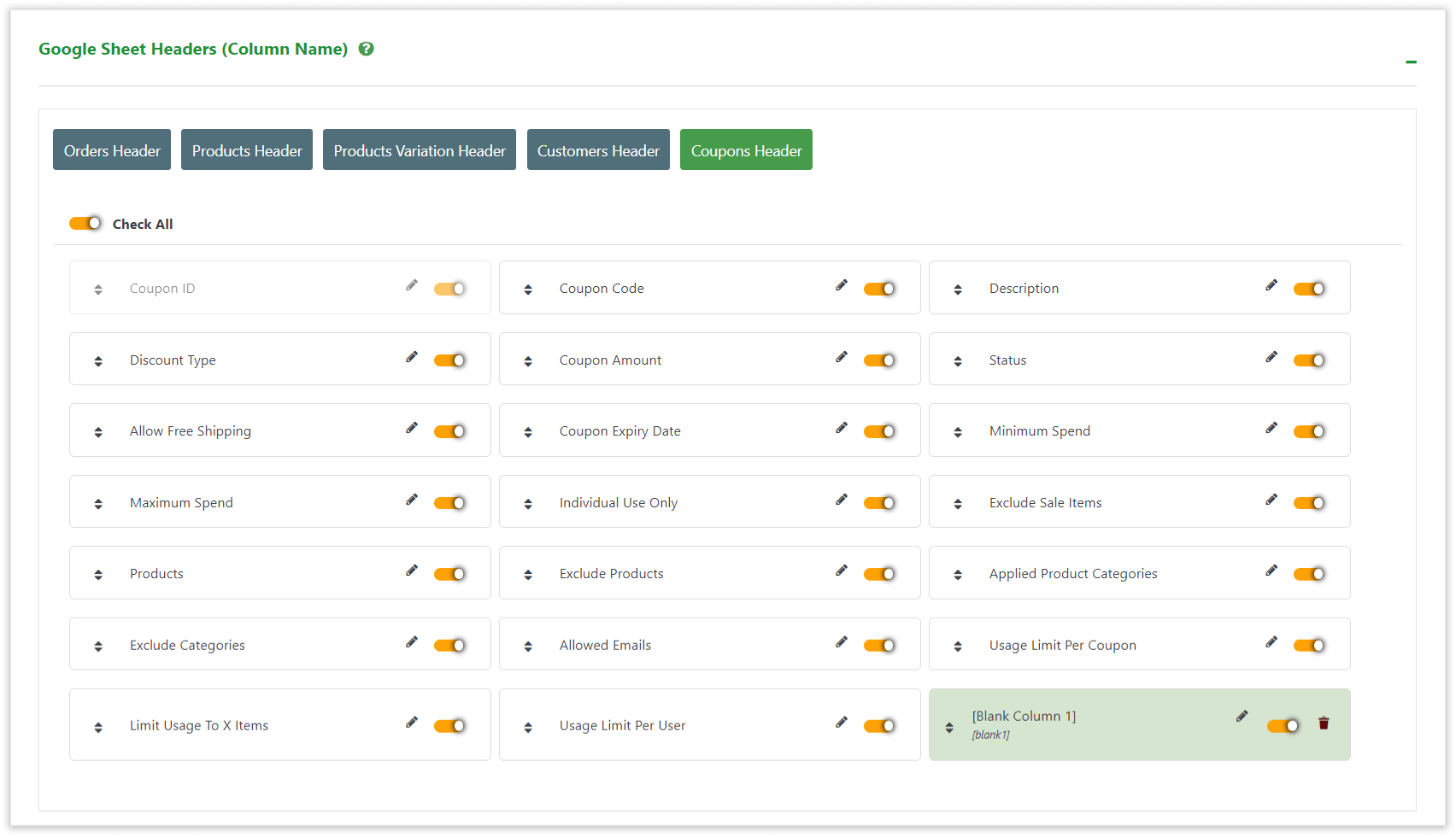 WooCommerce GSheetConnector - Google Sheet Coupons Header