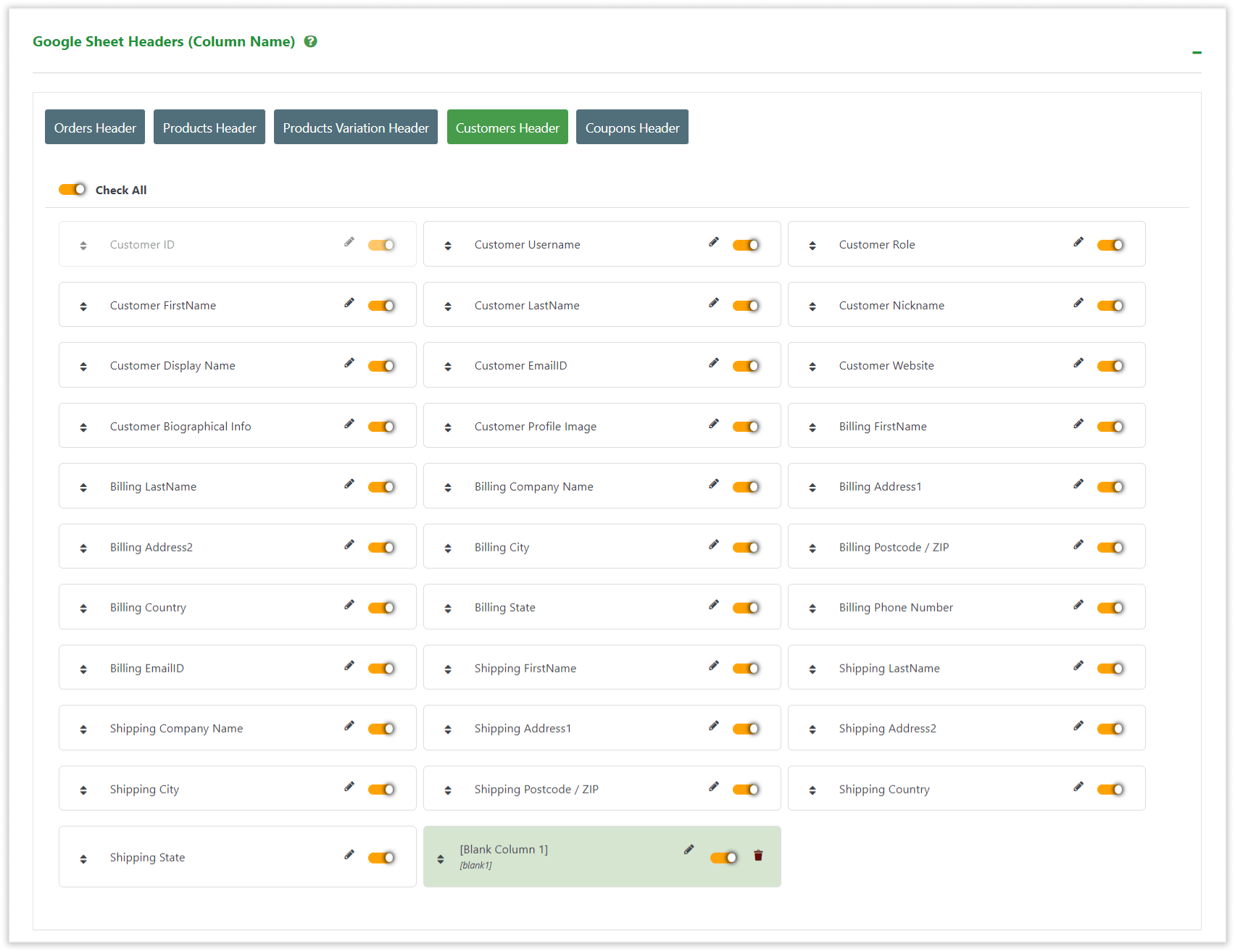 WooCommerce GSheetConnector - Google Sheet Customers Header