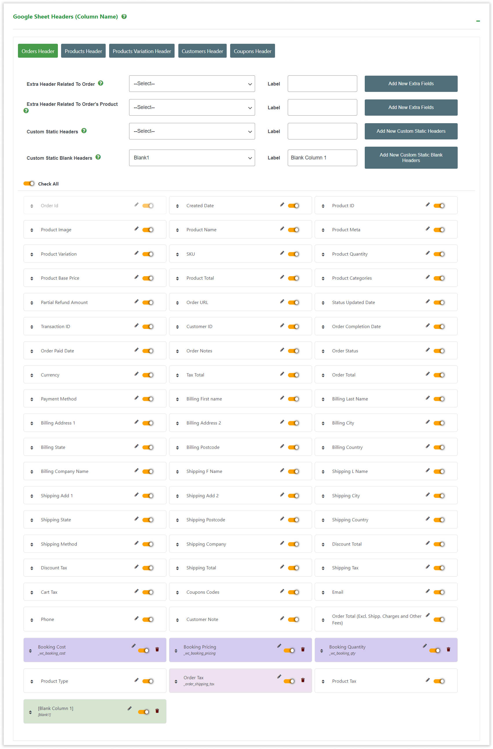 WooCommerce GSheetConnector - Google Sheet Order's Header