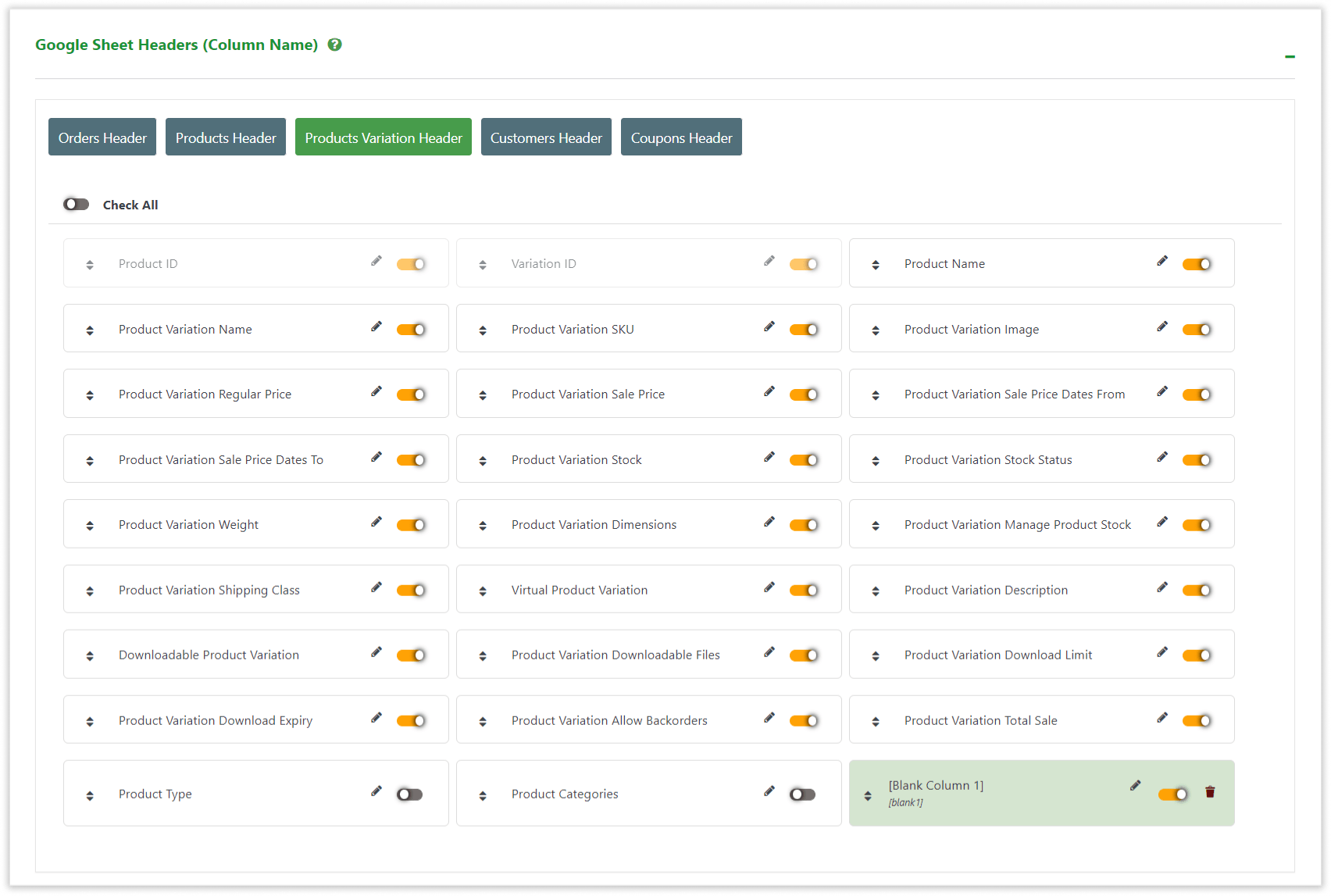 WooCommerce GSheetConnector - Google Sheet Variation Header