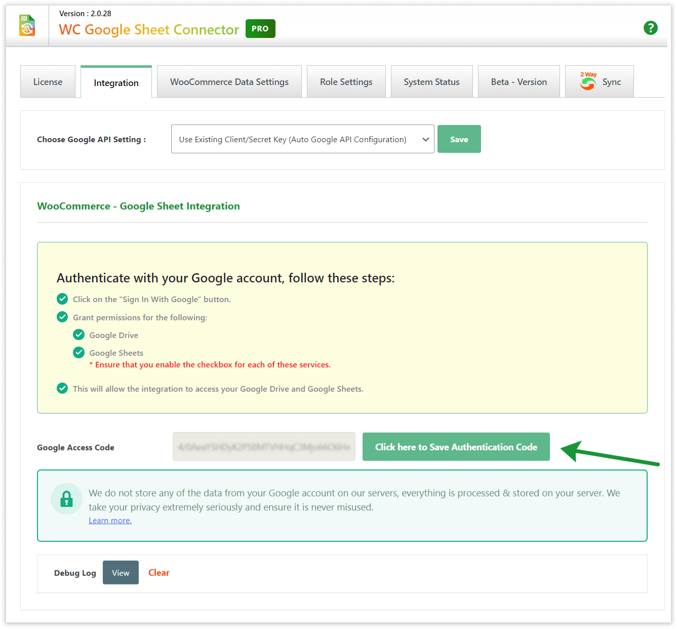 WooCommerce GSheetConnector - Save Authentication Code