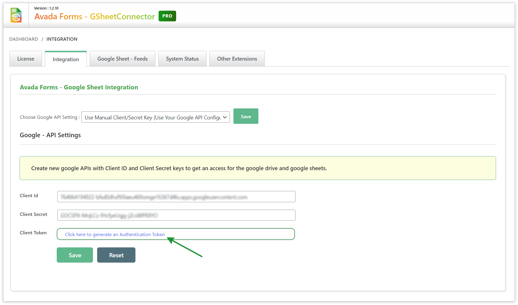 Avada GSheetConnector - Click to Genrate Authentication Token