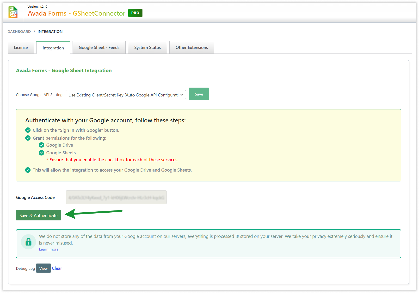 Avada GSheetConnector - Save Google Access Code