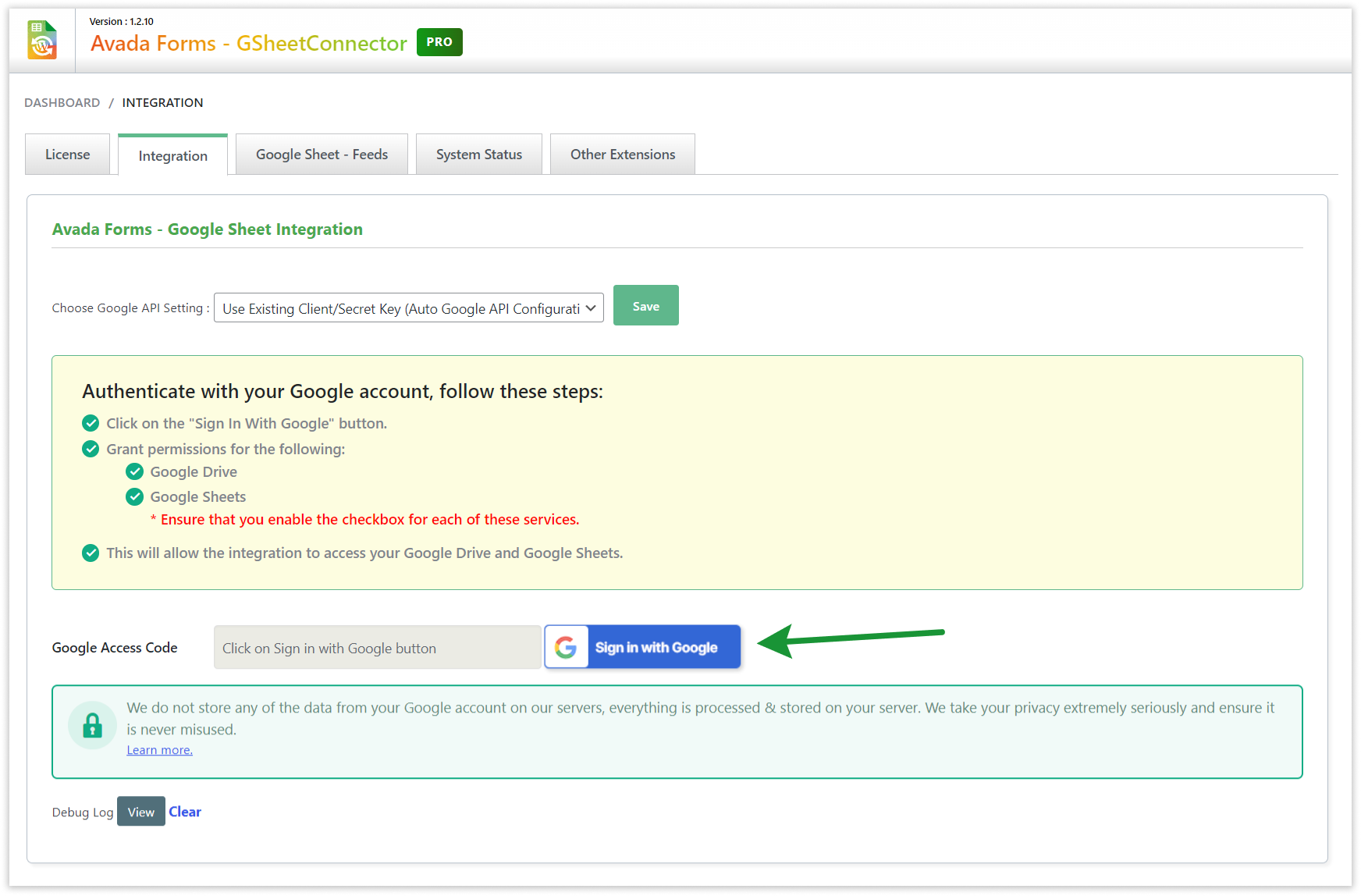 Avada GSheetConnector - Sign in with Google