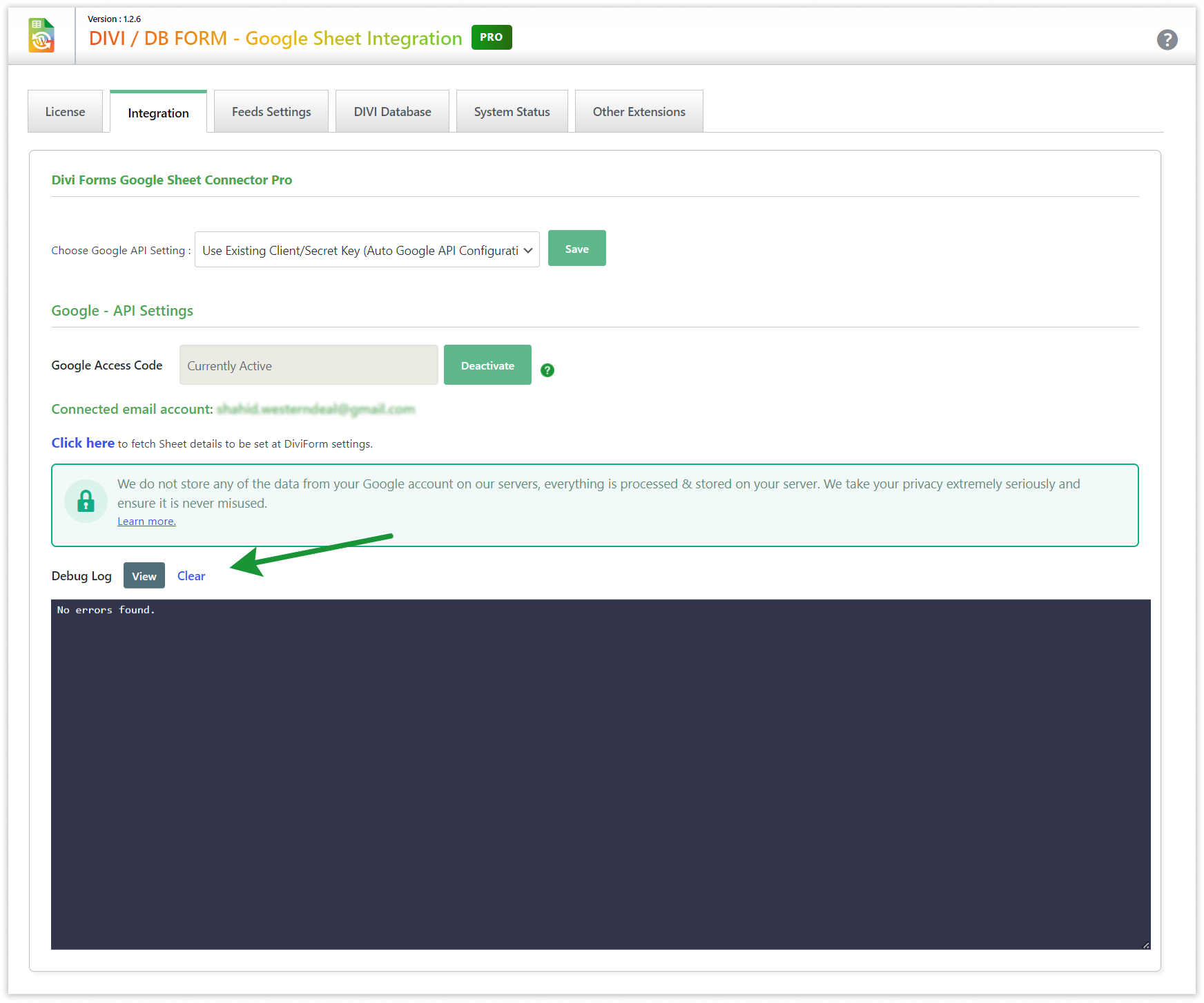 Divi GSheetConnector - Debug Log