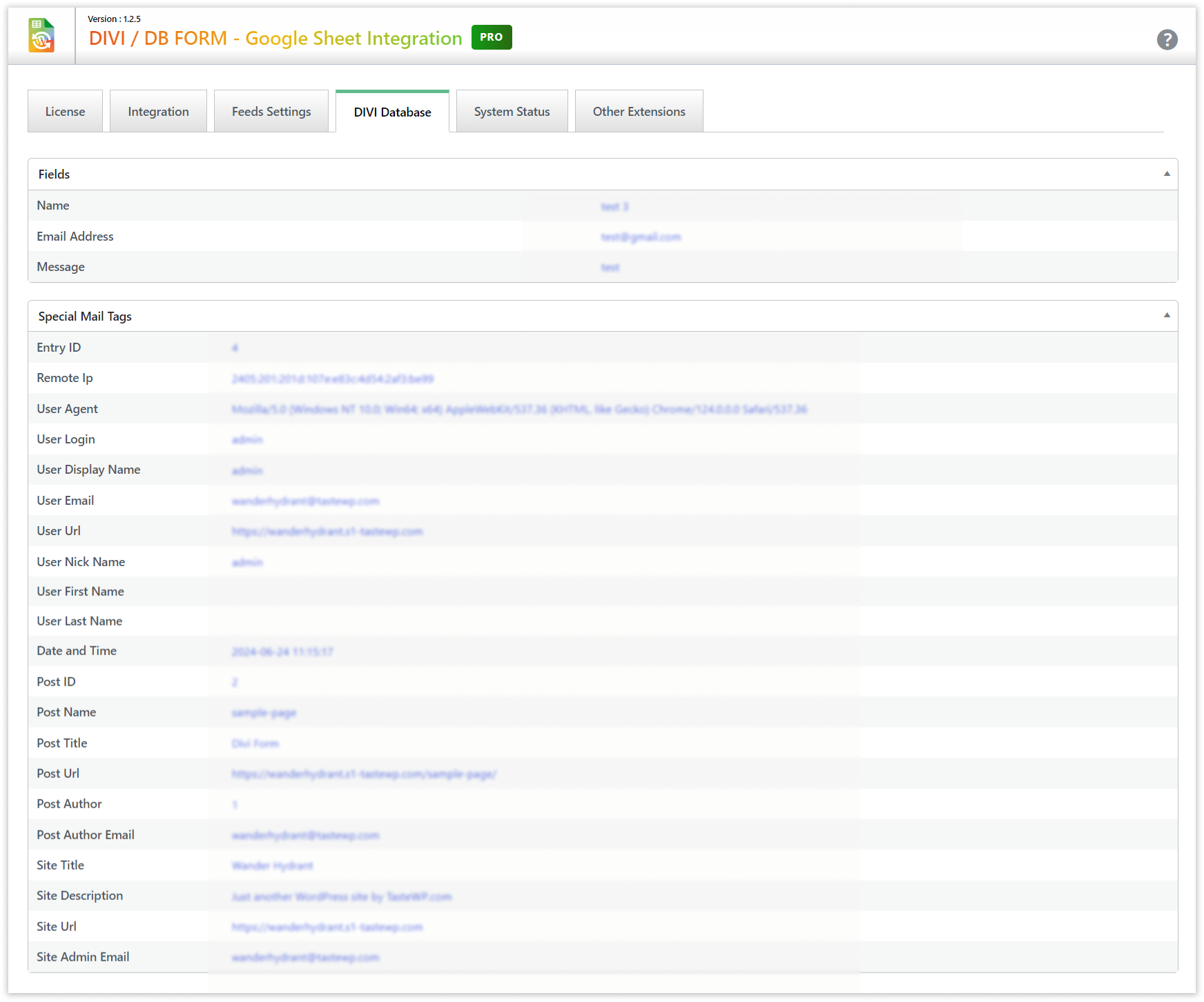 Divi GSheetConnector - Divi DB - Submission Details