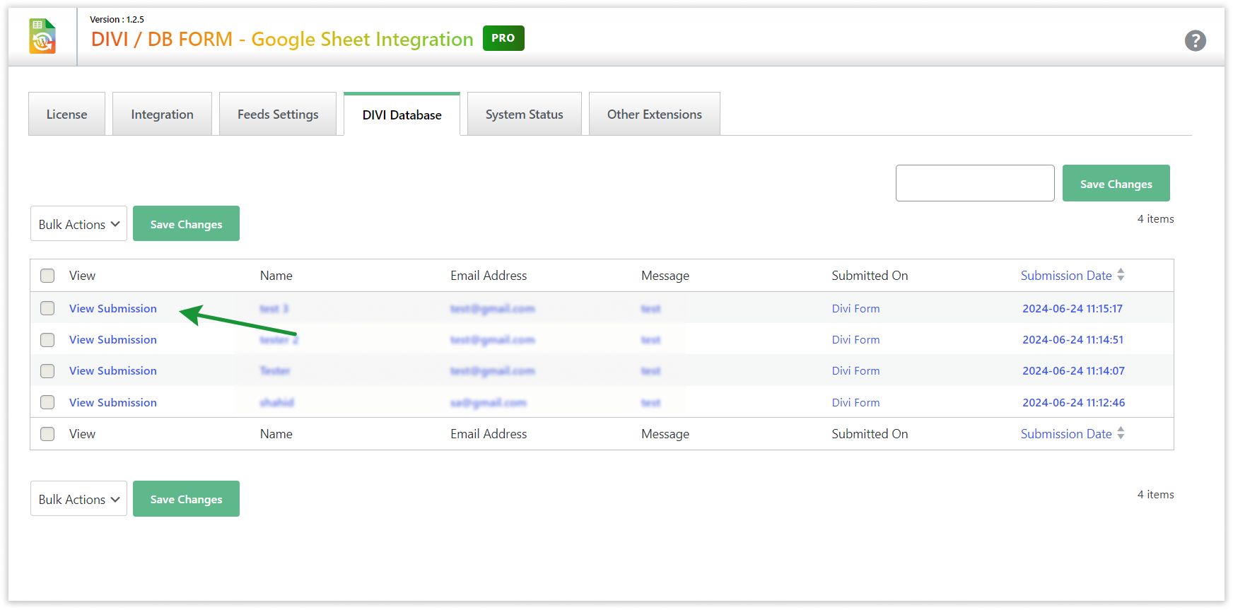Divi GSheetConnector - Divi DB - View Submissions