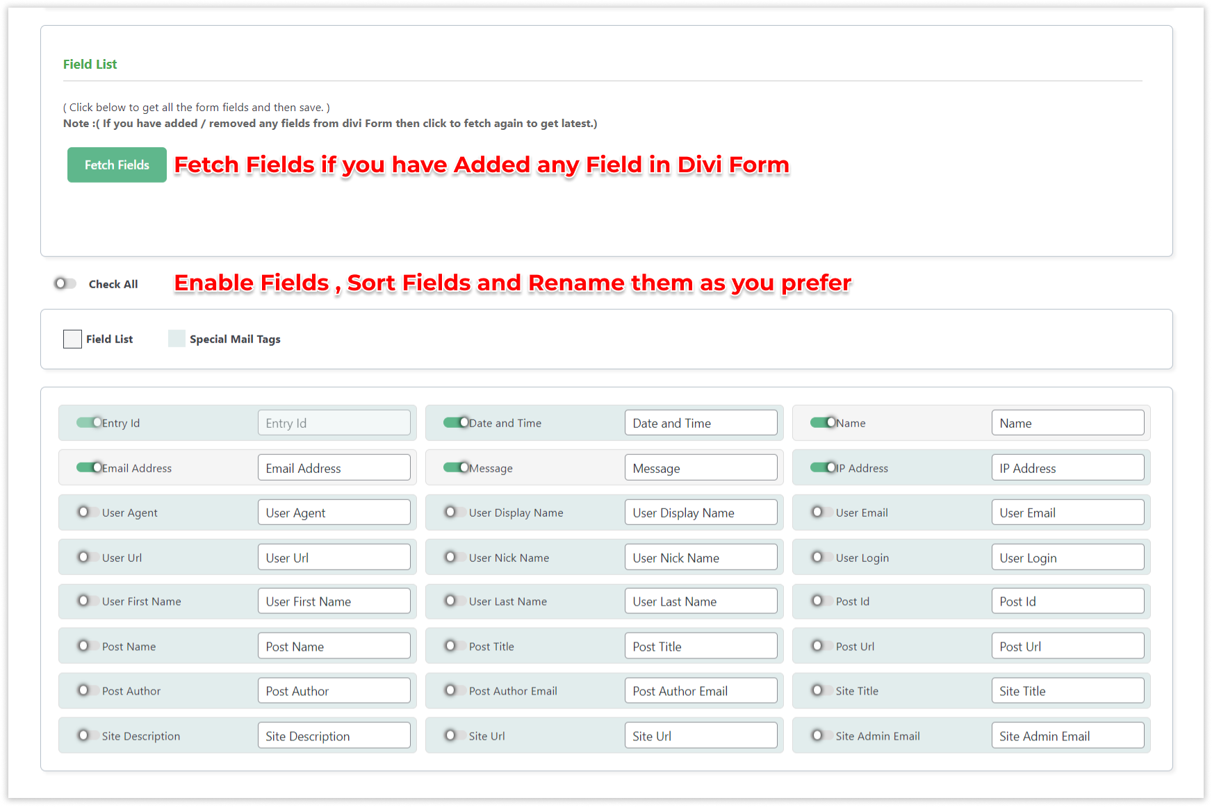 Divi GSheetConnector - Field List