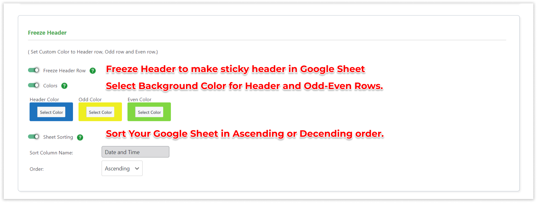 Divi GSheetConnector - Freeze Header - Background Colors - Sheet Soting