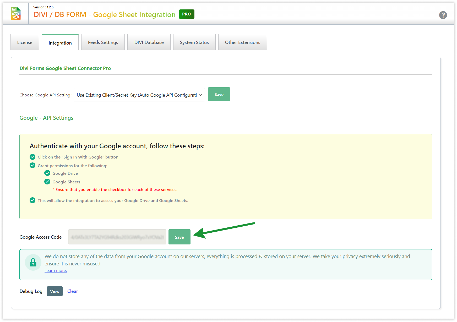 Divi GSheetConnector - Save Google Access Code