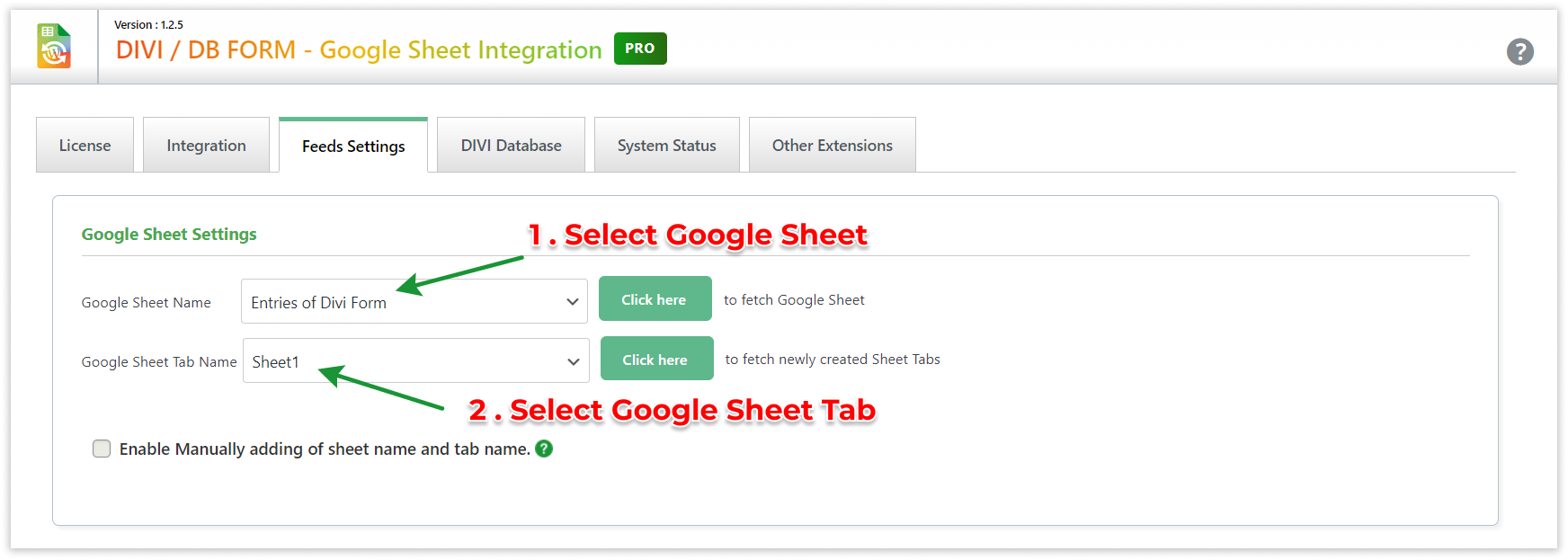 Divi GSheetConnector - Select Google Sheet and Tab