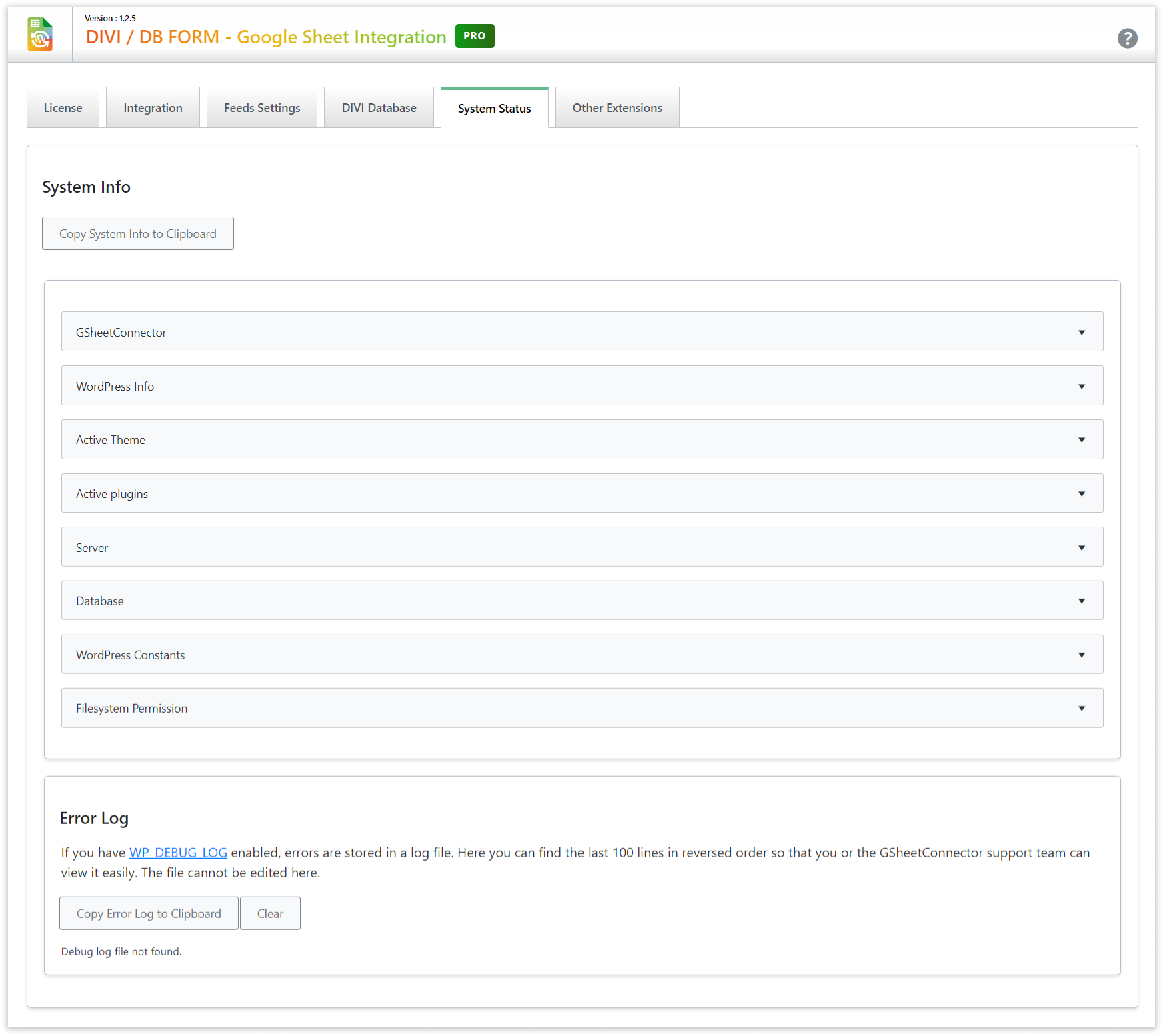 Divi GSheetConnector - System Status
