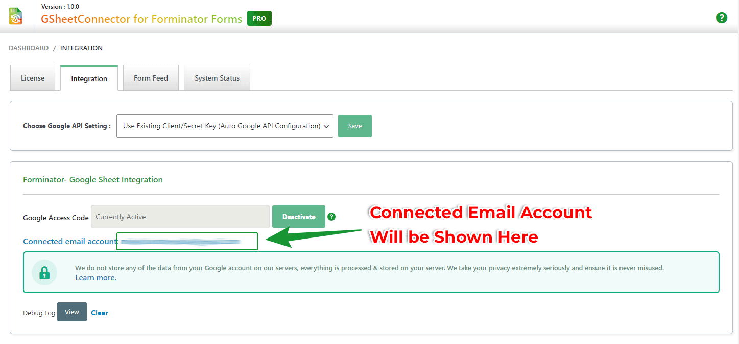 CF7 GSheetConnector - Email Account Connected