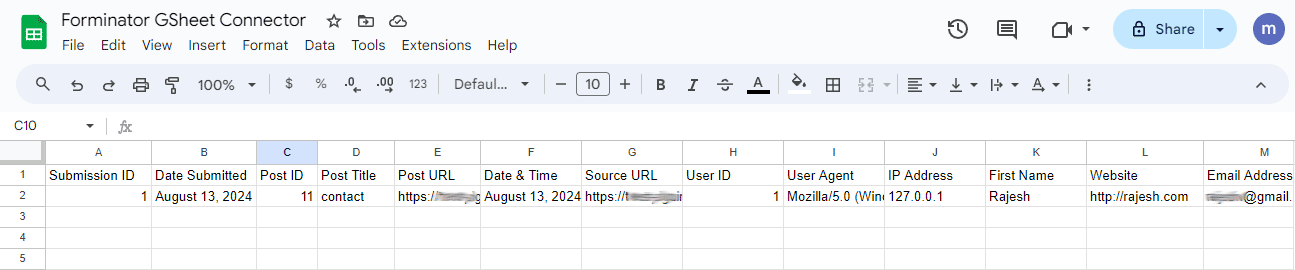 Final Sheet Entry Example
