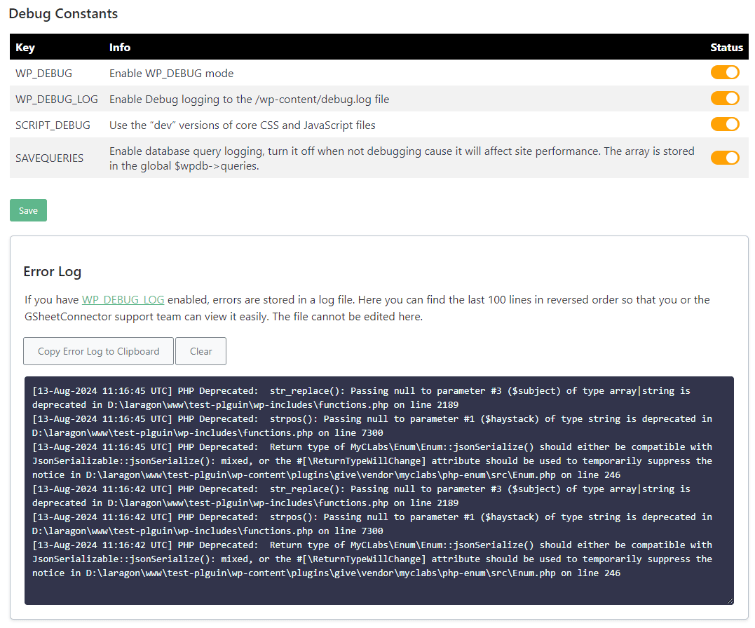Debug Constants & Error Logs