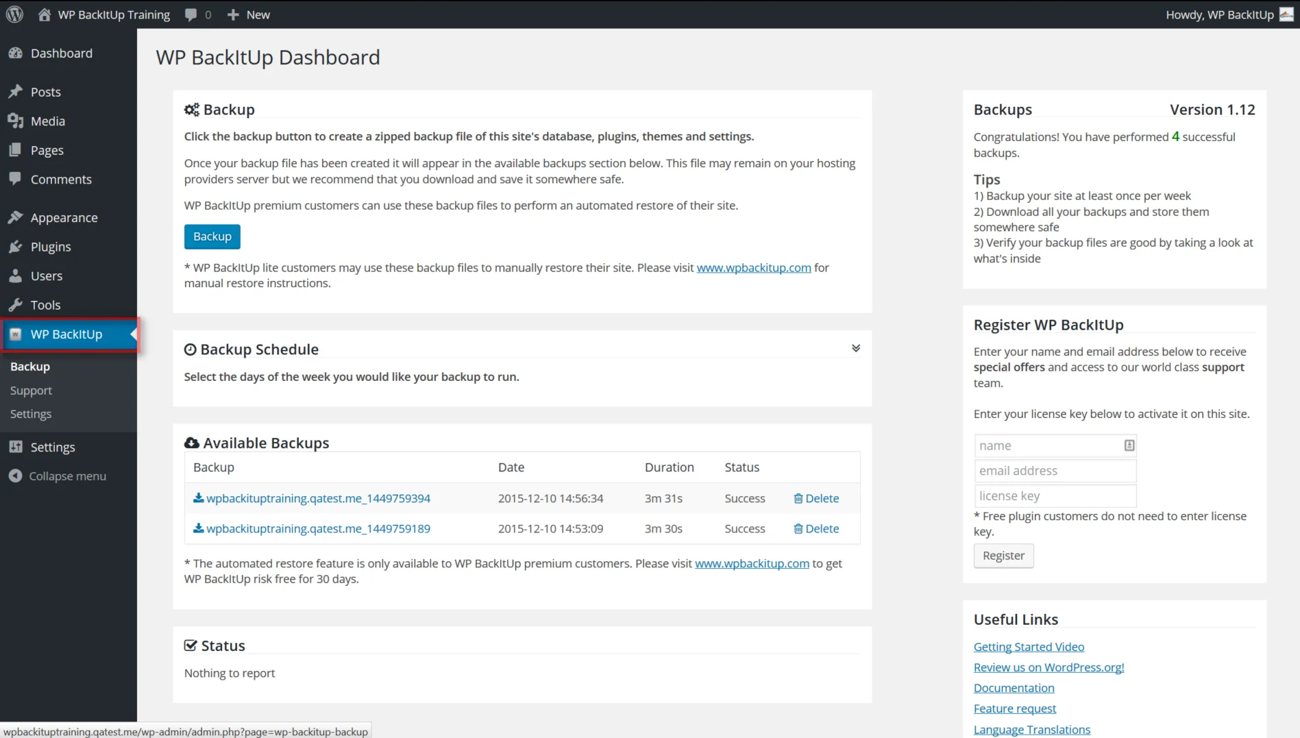 WPbackitup dashboard