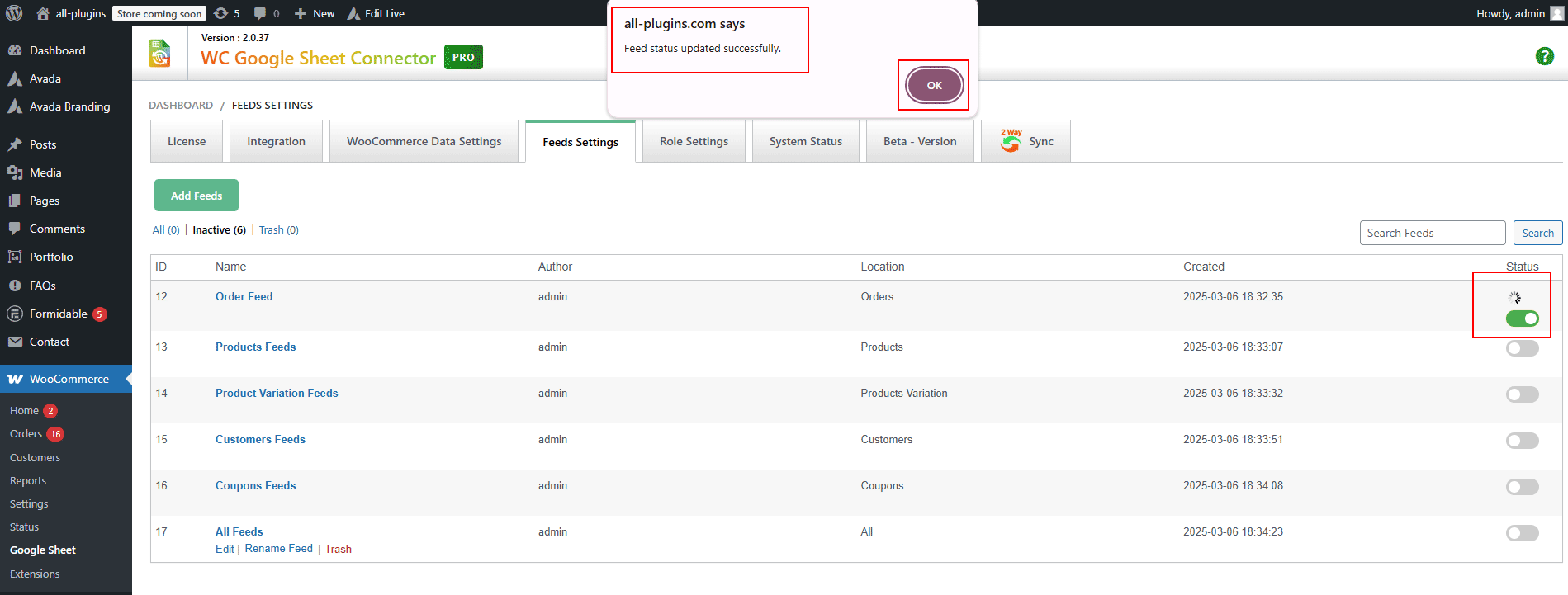 WooCommerce GSheetConnector Order Feed Active