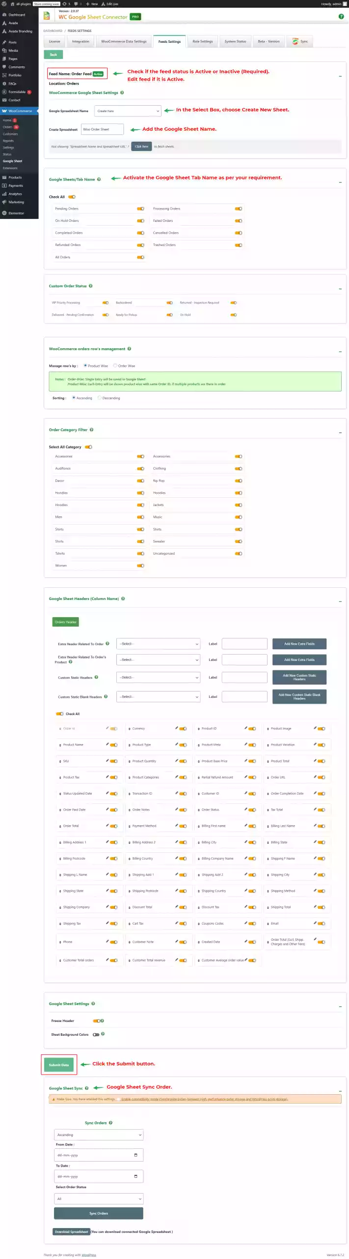 WooCommerce GSheetConnector Order Feed Settings