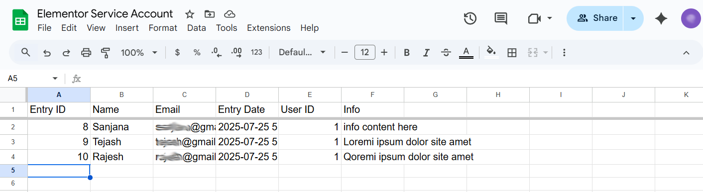 Google Sheet Connector Elementor Form - Google Sheet feed Entry