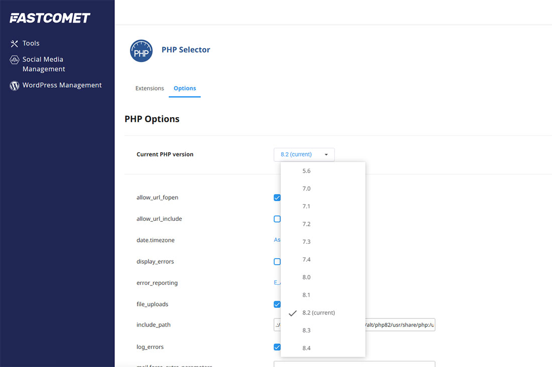 PHP configuration in cPanel