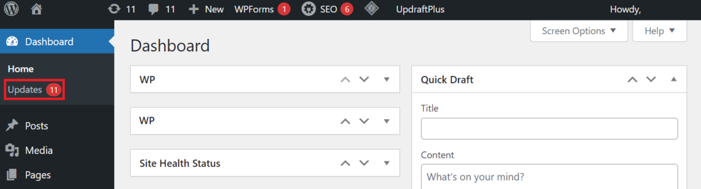WordPress Updates menu