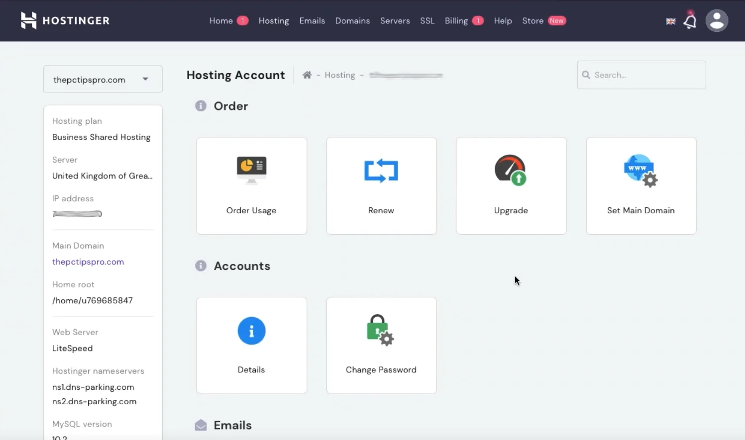 Hostinger hPanel control panel interface