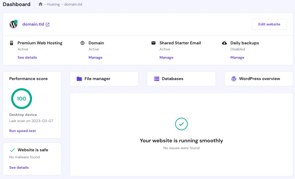 Hostinger web hosting dashboard overview