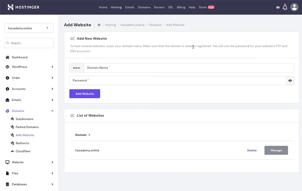 Managing websites using Hostinger hPanel