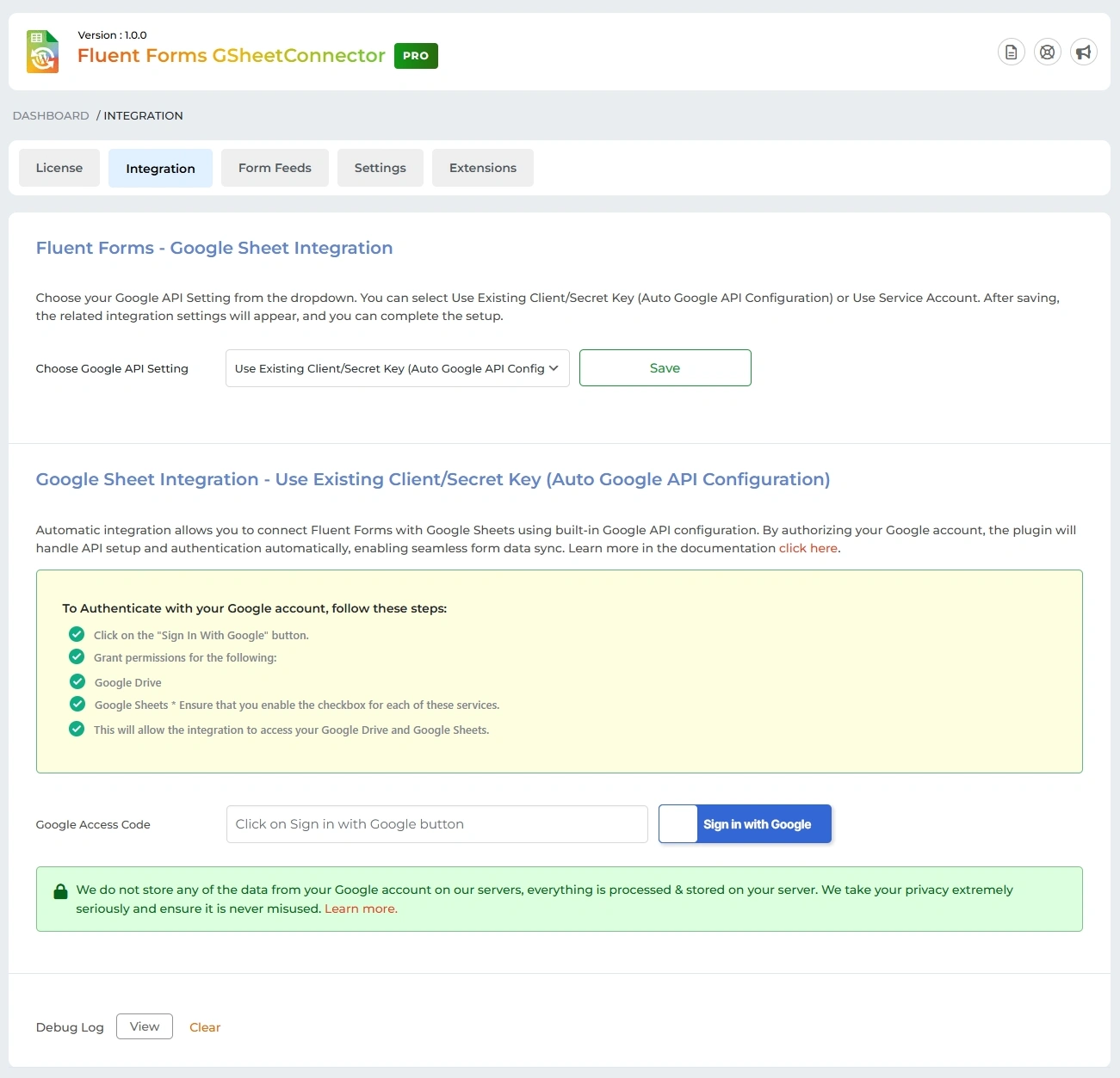 Existing OAuth connection in Fluent Form GSheetConnector integration tab