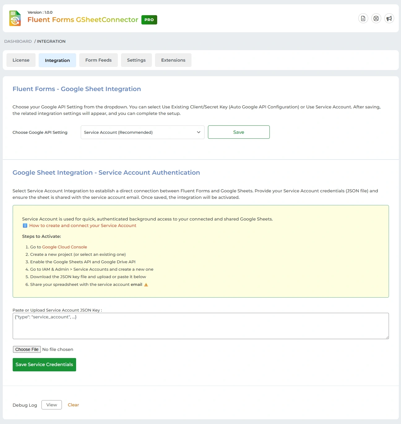 Services section in Fluent Form GSheetConnector integration tab