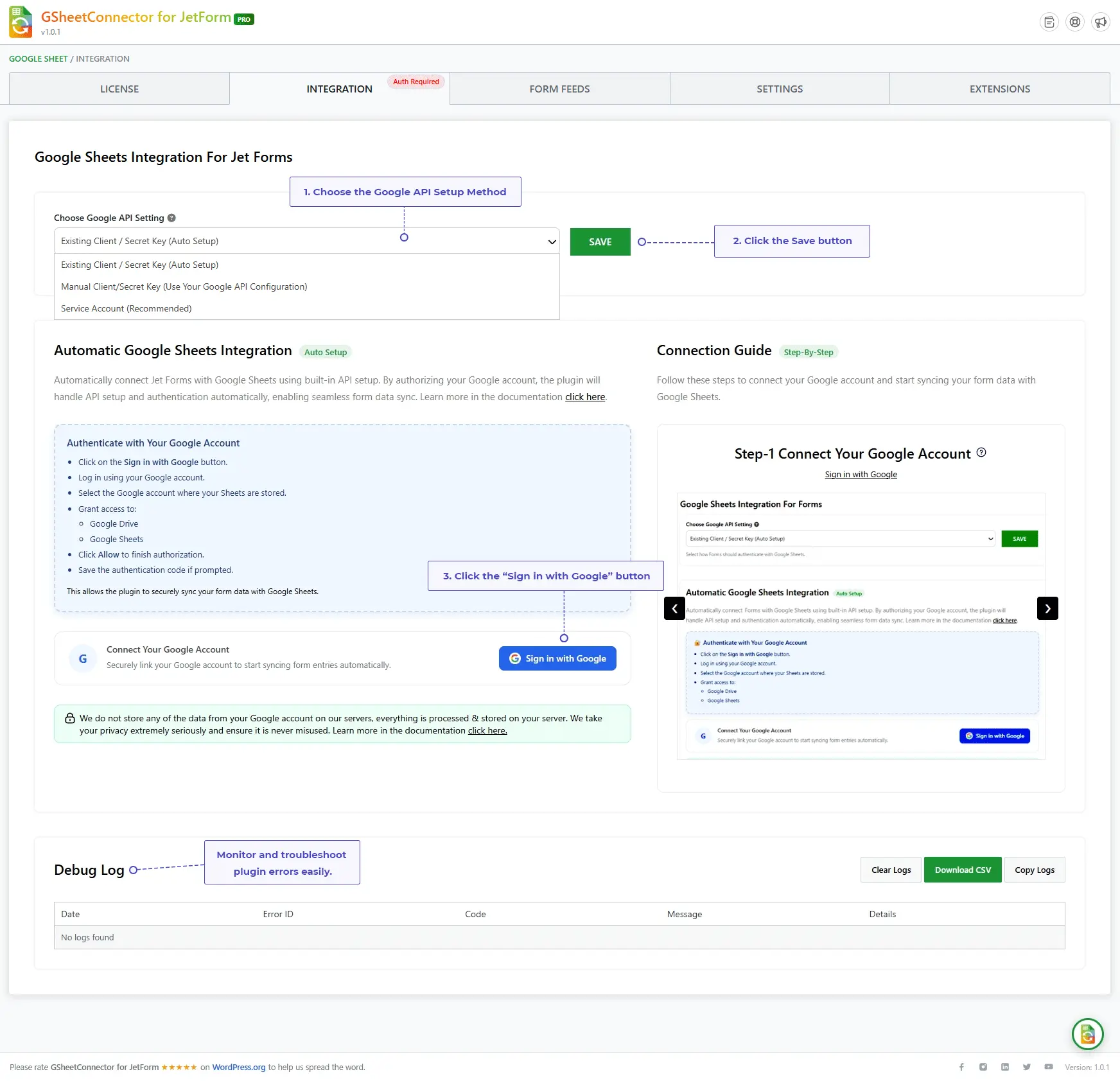 Google API Settings Selection and Integration Page