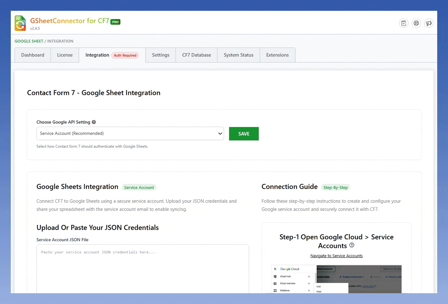 Integration Service Account Method Settings