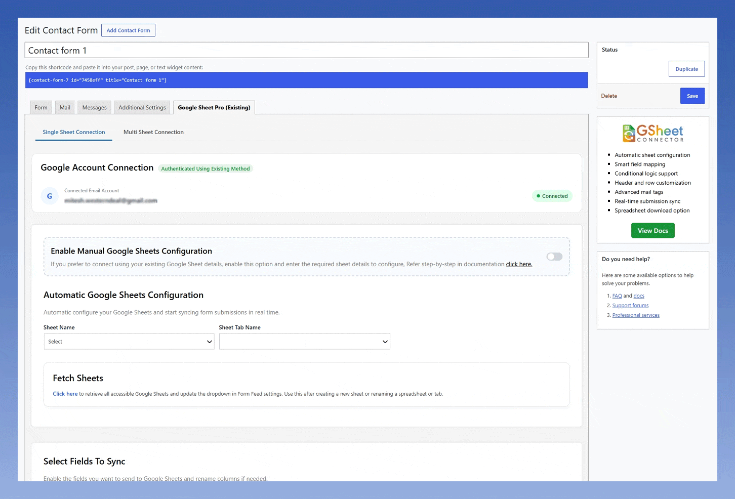 CF7 Single Sheet Connection Settings