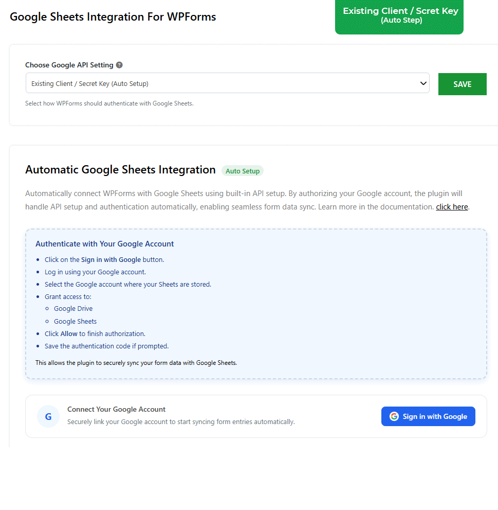 WPForms Google Sheets Connection Methods Demo of connecting WPForms to Google Sheets using Existing Account, Manual API, and Service Account methods