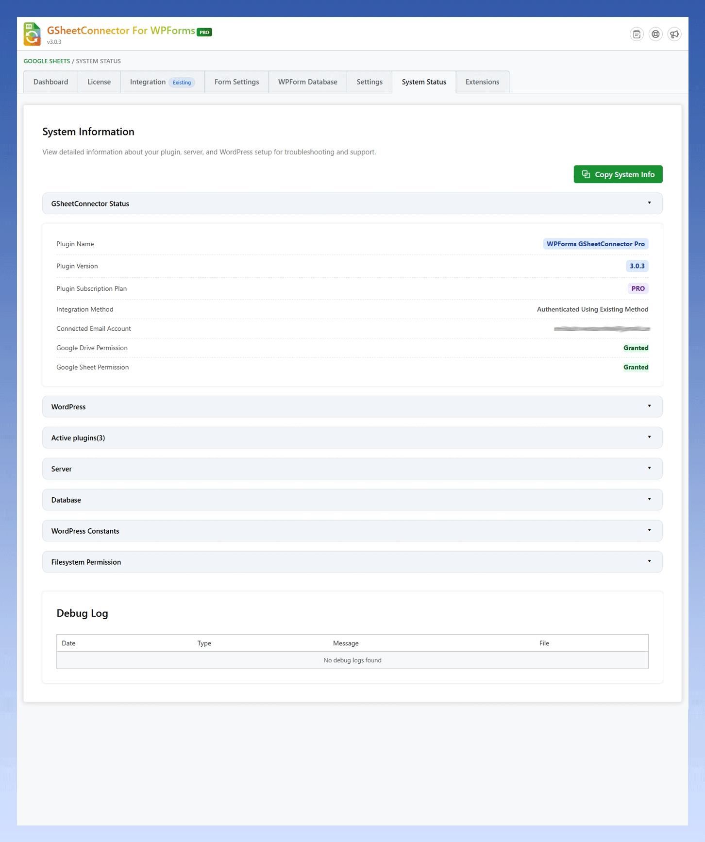 WPForms GSheetConnector PRO System Information