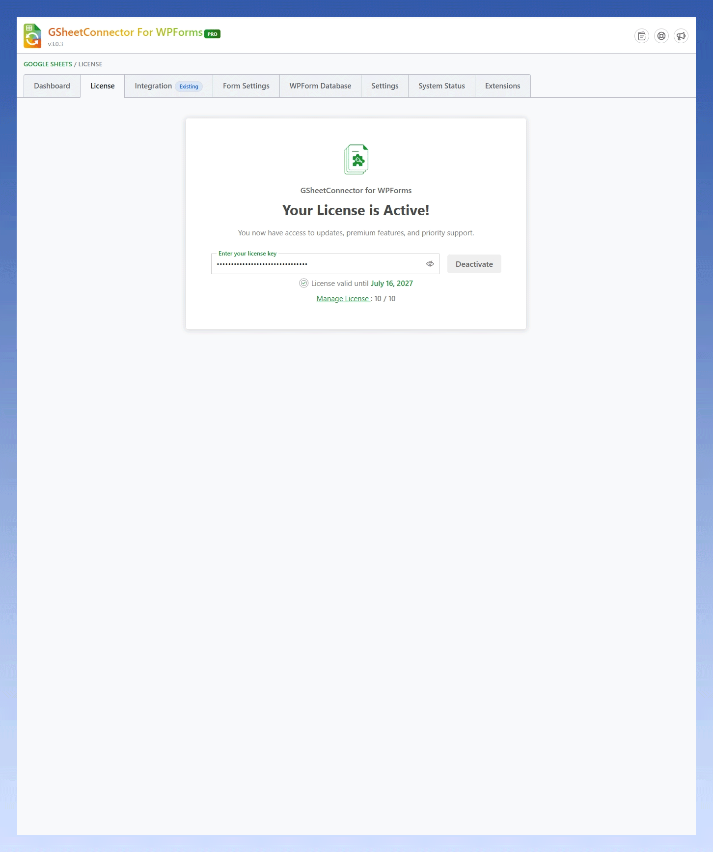 WPForms GSheetConnector PRO screen for entering and activating the plugin license key