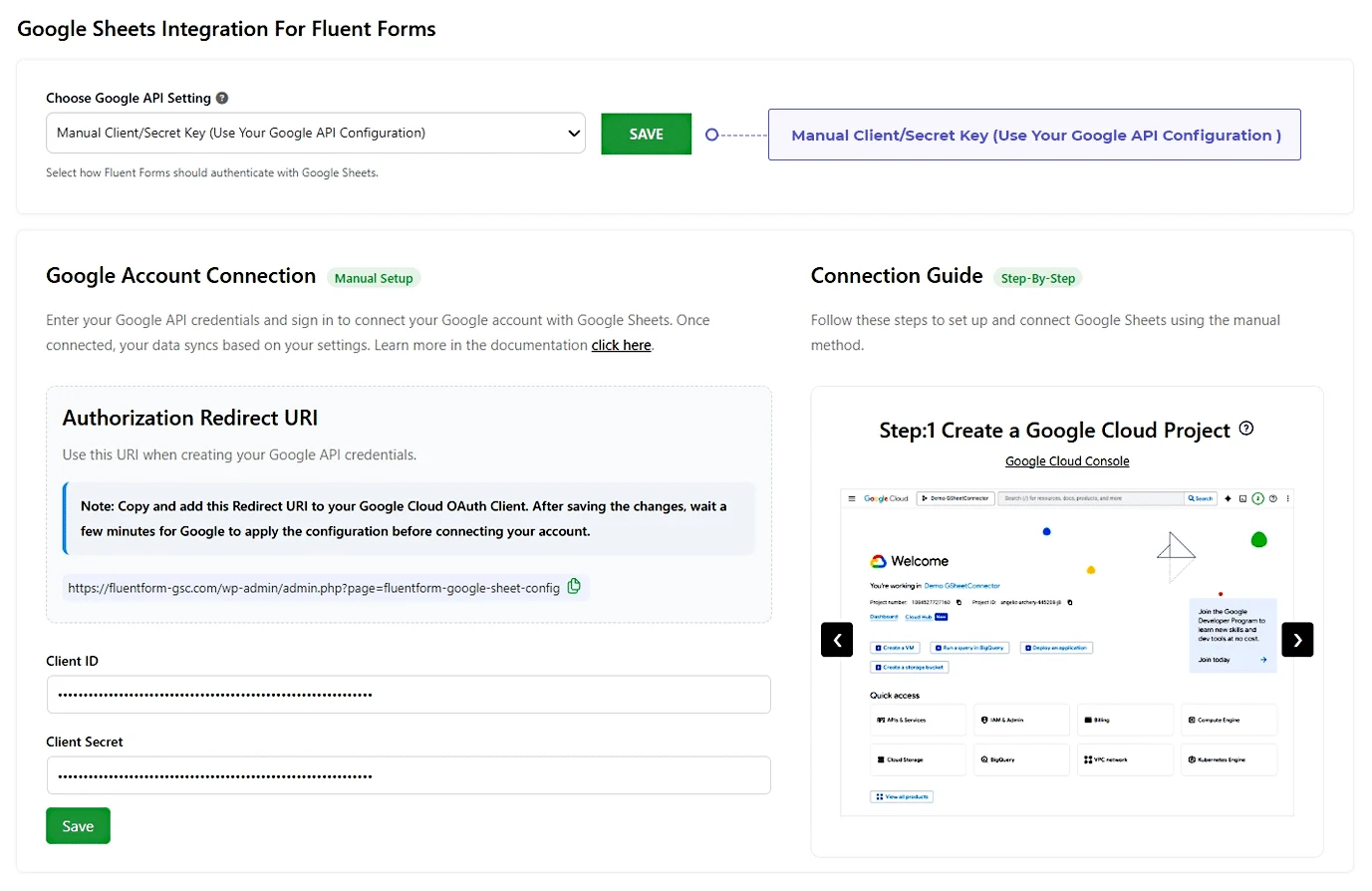 Manual Google Sheets configuration for Fluent Forms