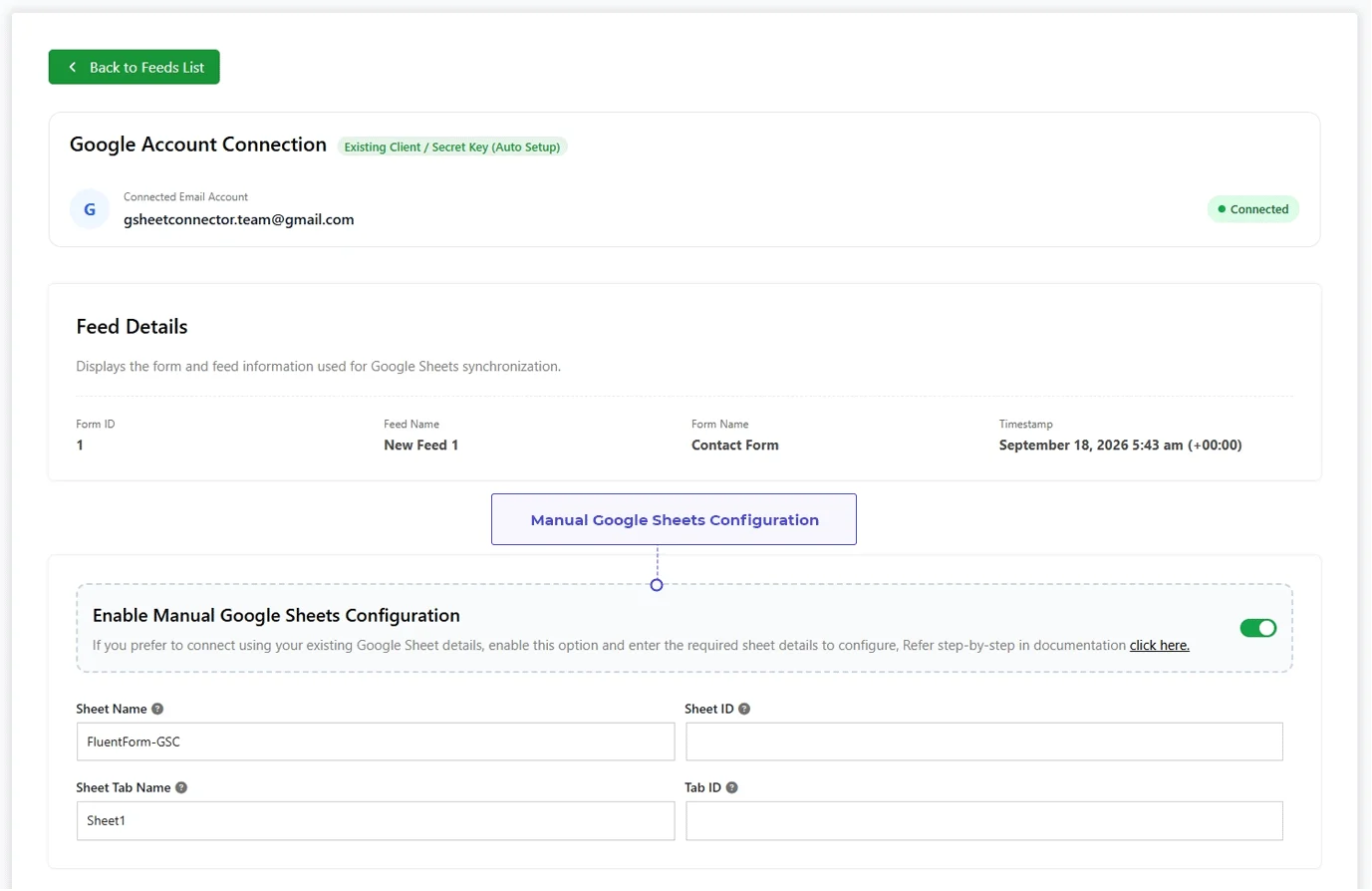 Manual Google Sheets feed configuration for Fluent Forms