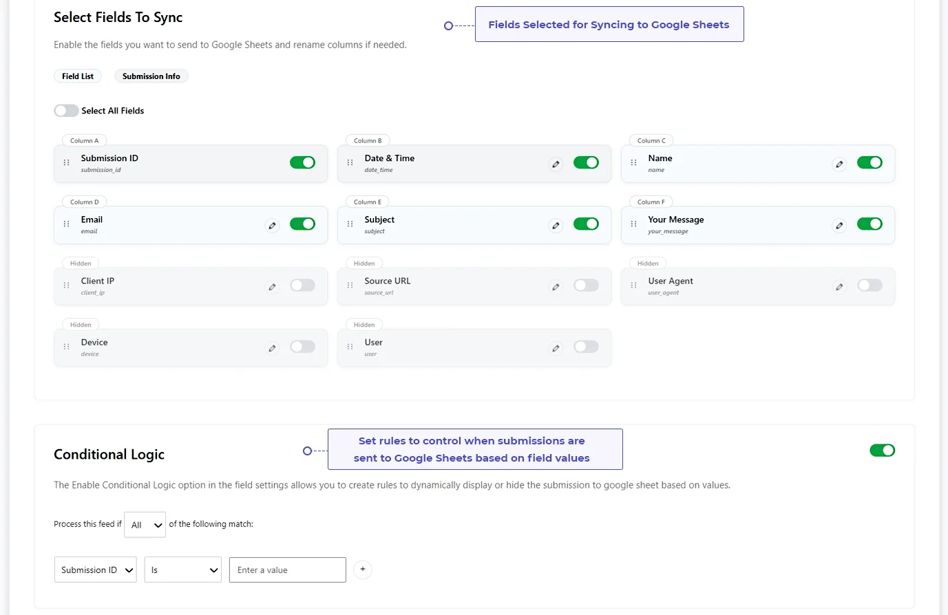 Fluent Forms field mapping and conditional logic