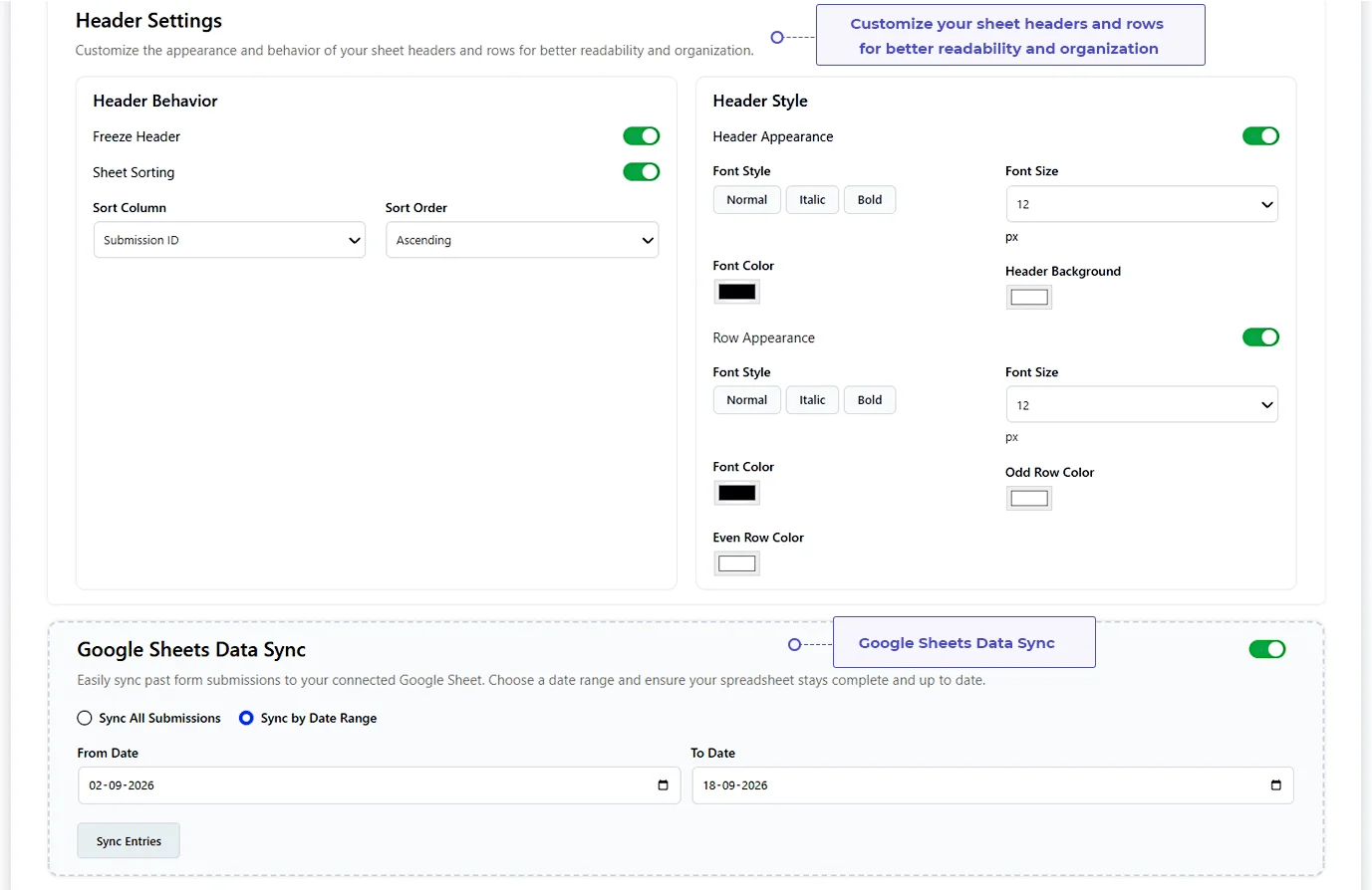 Google Sheets header and data sync settings for Fluent Forms