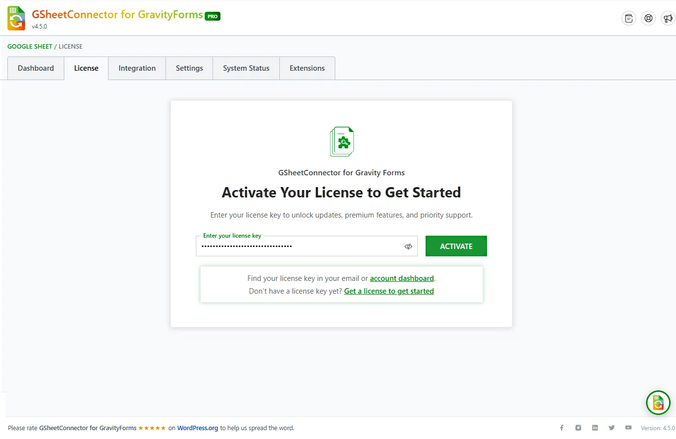GSheetConnector for Gravity Forms Pro license activation screen