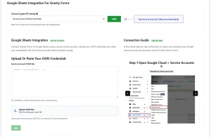 Google Sheets service account integration settings for Gravity Forms