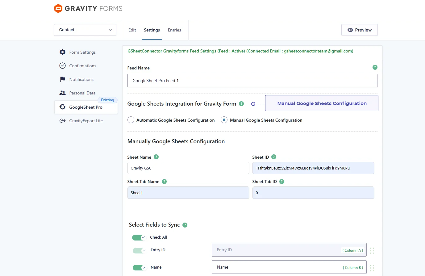 Manual Google Sheets feed configuration for Gravity Forms