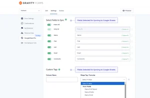 Gravity Forms field mapping to Google Sheets columns